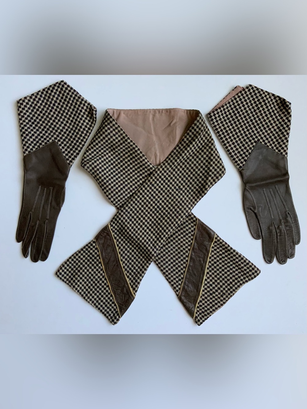 Vintage 50s Womens Houndstooth Pattern Wool-Blend Scarf Collar Set